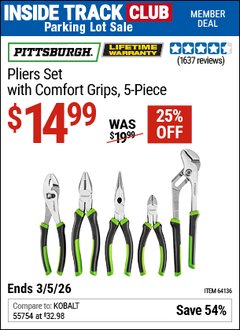 Harbor Freight ITC Coupon PITTSBURGH PLIERS SET WITH COMFORT GRIPS, 5-PIECE Lot No. 64136 Expired: 3/5/26 - $14.99