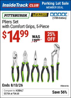 Harbor Freight ITC Coupon PITTSBURGH PLIERS SET WITH COMFORT GRIPS, 5-PIECE Lot No. 64136 Valid Thru: 8/13/26 - $14.99