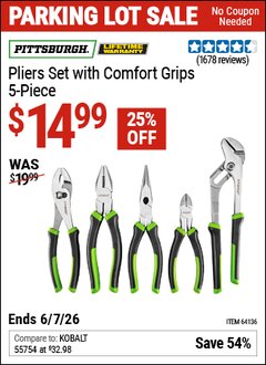 Harbor Freight Coupon PITTSBURGH PLIERS SET WITH COMFORT GRIPS, 5-PIECE Lot No. 64136 EXPIRES: 6/7/26 - $14.99