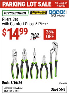 Harbor Freight Coupon PITTSBURGH PLIERS SET WITH COMFORT GRIPS, 5-PIECE Lot No. 64136 EXPIRES: 8/16/26 - $14.99