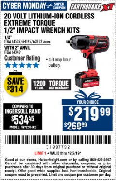 Harbor Freight Coupon EARTHQUAKE XT 20 VOLT LITHIUM CORDLESS 1/2" EXTREME TORQUE IMPACT WRENCH KIT WITH 2" ANVIL Lot No. 64349 Expired: 12/1/19 - $219.99