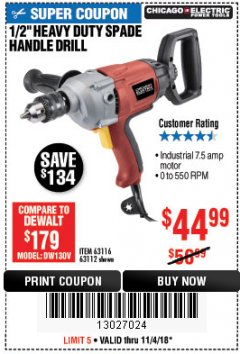 Harbor Freight Coupon 1/2" HEAVY DUTY SPADE HANDLE DRILL Lot No. 63116/63112 Expired: 11/4/18 - $44.99