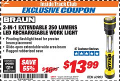 Harbor Freight ITC Coupon BRAUN 2-IN-1 EXTENDABLE 250 LUMENS LED RECHARGEABLE WORKLIGHT  Lot No. 63983 Expired: 9/30/19 - $13.99