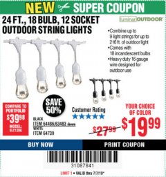 Harbor Freight Coupon 24FT., 18 BULB 12 SOCKET OUTDOOR STRING LIGHTS Lot No. 64486/63483 Expired: 7/7/19 - $19.99