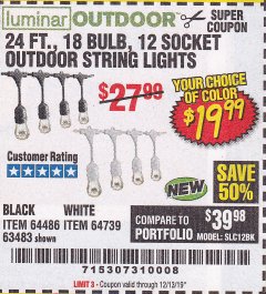 Harbor Freight Coupon 24FT., 18 BULB 12 SOCKET OUTDOOR STRING LIGHTS Lot No. 64486/63483 Expired: 12/13/19 - $19.99