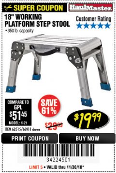 Harbor Freight Coupon 18" WORKING PLATFORM STEP STOOL Lot No. 62515/66911 Expired: 11/30/18 - $19.99