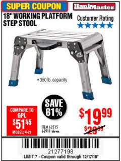 Harbor Freight Coupon 18" WORKING PLATFORM STEP STOOL Lot No. 62515/66911 Expired: 12/17/18 - $19.99