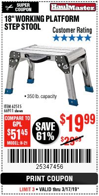 Harbor Freight Coupon 18" WORKING PLATFORM STEP STOOL Lot No. 62515/66911 Expired: 3/17/19 - $19.99