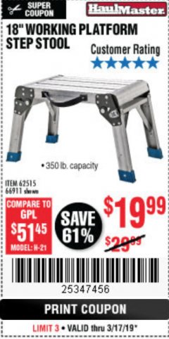 Harbor Freight Coupon 18" WORKING PLATFORM STEP STOOL Lot No. 62515/66911 Expired: 3/17/19 - $19.99