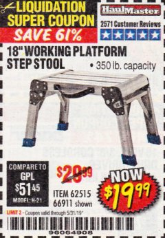 Harbor Freight Coupon 18" WORKING PLATFORM STEP STOOL Lot No. 62515/66911 Expired: 5/31/19 - $19.99