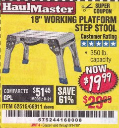 Harbor Freight Coupon 18" WORKING PLATFORM STEP STOOL Lot No. 62515/66911 Expired: 9/14/19 - $19.99