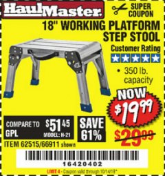 Harbor Freight Coupon 18" WORKING PLATFORM STEP STOOL Lot No. 62515/66911 Expired: 10/14/19 - $19.99