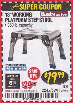 Harbor Freight Coupon 18" WORKING PLATFORM STEP STOOL Lot No. 62515/66911 Expired: 8/31/19 - $19.99