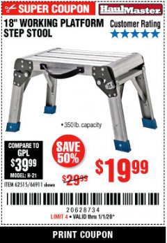 Harbor Freight Coupon 18" WORKING PLATFORM STEP STOOL Lot No. 62515/66911 Expired: 1/1/20 - $19.99