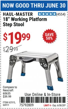 Harbor Freight Coupon 18" WORKING PLATFORM STEP STOOL Lot No. 62515/66911 Expired: 6/30/20 - $19.99