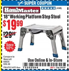 Harbor Freight Coupon 18" WORKING PLATFORM STEP STOOL Lot No. 62515/66911 Expired: 9/6/20 - $19.99