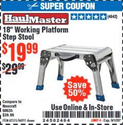 Harbor Freight Coupon 18" WORKING PLATFORM STEP STOOL Lot No. 62515/66911 Expired: 9/1/20 - $19.99