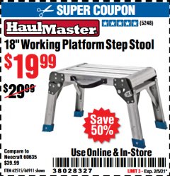 Harbor Freight Coupon 18" WORKING PLATFORM STEP STOOL Lot No. 62515/66911 Expired: 2/5/21 - $19.99