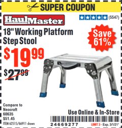 Harbor Freight Coupon 18" WORKING PLATFORM STEP STOOL Lot No. 62515/66911 Expired: 3/1/21 - $19.99