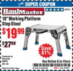 Harbor Freight Coupon 18" WORKING PLATFORM STEP STOOL Lot No. 62515/66911 Expired: 4/14/21 - $19.99
