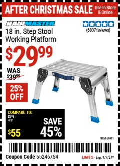 Harbor Freight Coupon 18" WORKING PLATFORM STEP STOOL Lot No. 62515/66911 Expired: 1/7/24 - $29.99