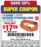 Harbor Freight Coupon VANGUARD 50 FT. X 14/3 GAUGE INDOOR/OUTDOOR EXTENSION CORD, ORANGE Lot No. 62923/62924 Expired: 6/15/15 - $17.99