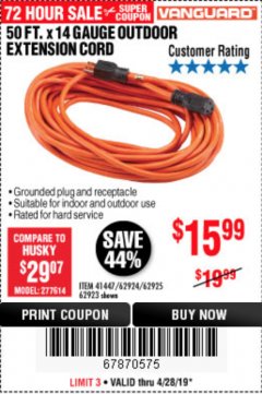 Harbor Freight Coupon 50 FT. x 14 GAUGE OUTDOOR EXTENSION CORD Lot No. 62923 Expired: 4/28/19 - $15.99