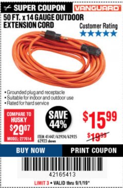Harbor Freight Coupon 50 FT. x 14 GAUGE OUTDOOR EXTENSION CORD Lot No. 62923 Expired: 9/1/19 - $15.99