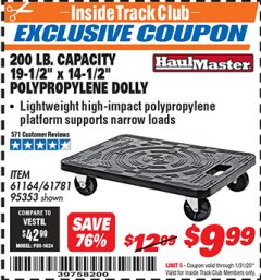 Harbor Freight ITC Coupon 19-1/2" X 14-1/2" POLYPROPYLENE DOLLY Lot No. 61164/61781/95353 Expired: 1/31/20 - $9.99