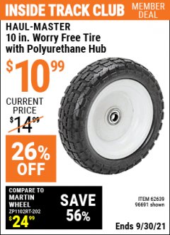 Harbor Freight ITC Coupon 10" WORRY-FREE TIRE WITH POLYURETHANE HUB Lot No. 62639/96691 Expired: 9/30/21 - $10.99