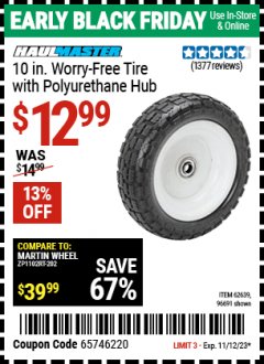 Harbor Freight Coupon 10" WORRY-FREE TIRE WITH POLYURETHANE HUB Lot No. 62639/96691 Expired: 11/12/23 - $12.99