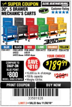 Harbor Freight Coupon 30", 5 DRAWER MECHANIC'S CARTS (ALL COLORS) Lot No. 64031/64030/64032/64033/64061/64060/64059/64721/64722/64720/56429 Expired: 11/30/18 - $189.99