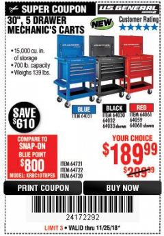Harbor Freight Coupon 30", 5 DRAWER MECHANIC'S CARTS (RED, BLUE & BLACK) Lot No. 64031/64033/64032/64030/61427/64059/64060/64061/63308/95272 Expired: 11/25/18 - $189.99