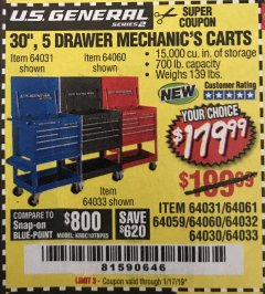 Harbor Freight Coupon 30", 5 DRAWER MECHANIC'S CARTS (RED, BLUE & BLACK) Lot No. 64031/64033/64032/64030/61427/64059/64060/64061/63308/95272 Expired: 1/17/19 - $179.99