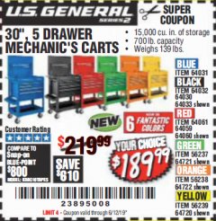 Harbor Freight Coupon 30", 5 DRAWER MECHANIC'S CARTS (ALL COLORS) Lot No. 64031/64030/64032/64033/64061/64060/64059/64721/64722/64720/56429 Expired: 6/12/19 - $189.99