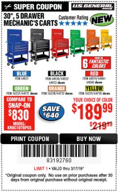 Harbor Freight Coupon 30", 5 DRAWER MECHANIC'S CARTS (ALL COLORS) Lot No. 64031/64030/64032/64033/64061/64060/64059/64721/64722/64720/56429 Expired: 3/17/19 - $189.99