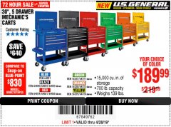 Harbor Freight Coupon 30", 5 DRAWER MECHANIC'S CARTS (ALL COLORS) Lot No. 64031/64030/64032/64033/64061/64060/64059/64721/64722/64720/56429 Expired: 4/28/19 - $189.99