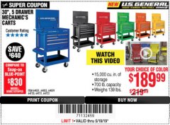 Harbor Freight Coupon 30", 5 DRAWER MECHANIC'S CARTS (ALL COLORS) Lot No. 64031/64030/64032/64033/64061/64060/64059/64721/64722/64720/56429 Expired: 5/19/19 - $189.99