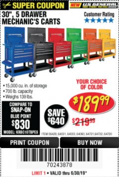 Harbor Freight Coupon 30", 5 DRAWER MECHANIC'S CARTS (ALL COLORS) Lot No. 64031/64030/64032/64033/64061/64060/64059/64721/64722/64720/56429 Expired: 6/30/19 - $189.99