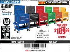 Harbor Freight Coupon 30", 5 DRAWER MECHANIC'S CARTS (ALL COLORS) Lot No. 64031/64030/64032/64033/64061/64060/64059/64721/64722/64720/56429 Expired: 5/31/19 - $189.99