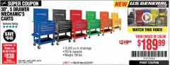 Harbor Freight Coupon 30", 5 DRAWER MECHANIC'S CARTS (ALL COLORS) Lot No. 64031/64030/64032/64033/64061/64060/64059/64721/64722/64720/56429 Expired: 6/23/19 - $189.99