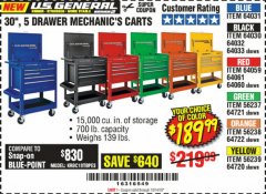 Harbor Freight Coupon 30", 5 DRAWER MECHANIC'S CARTS (ALL COLORS) Lot No. 64031/64030/64032/64033/64061/64060/64059/64721/64722/64720/56429 Expired: 10/14/19 - $189.99