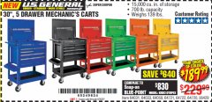 Harbor Freight Coupon 30", 5 DRAWER MECHANIC'S CARTS (ALL COLORS) Lot No. 64031/64030/64032/64033/64061/64060/64059/64721/64722/64720/56429 Expired: 6/30/20 - $189.99