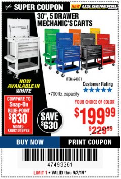 Harbor Freight Coupon 30", 5 DRAWER MECHANIC'S CARTS (ALL COLORS) Lot No. 64031/64030/64032/64033/64061/64060/64059/64721/64722/64720/56429 Expired: 9/2/19 - $199.99