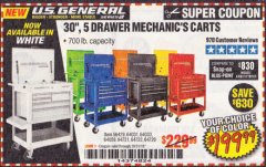 Harbor Freight Coupon 30", 5 DRAWER MECHANIC'S CARTS (ALL COLORS) Lot No. 64031/64030/64032/64033/64061/64060/64059/64721/64722/64720/56429 Expired: 10/31/19 - $199.99