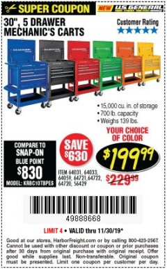 Harbor Freight Coupon 30", 5 DRAWER MECHANIC'S CARTS (ALL COLORS) Lot No. 64031/64030/64032/64033/64061/64060/64059/64721/64722/64720/56429 Expired: 11/30/19 - $199.99