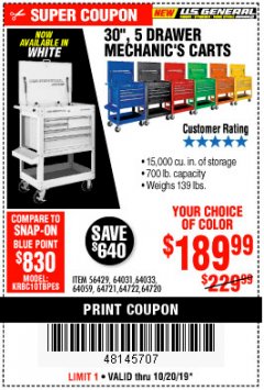 Harbor Freight Coupon 30", 5 DRAWER MECHANIC'S CARTS (ALL COLORS) Lot No. 64031/64030/64032/64033/64061/64060/64059/64721/64722/64720/56429 Expired: 10/20/19 - $189.99