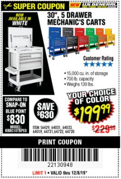 Harbor Freight Coupon 30", 5 DRAWER MECHANIC'S CARTS (ALL COLORS) Lot No. 64031/64030/64032/64033/64061/64060/64059/64721/64722/64720/56429 Expired: 12/8/19 - $199.99