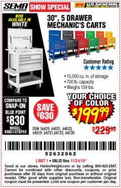 Harbor Freight Coupon 30", 5 DRAWER MECHANIC'S CARTS (ALL COLORS) Lot No. 64031/64030/64032/64033/64061/64060/64059/64721/64722/64720/56429 Expired: 11/24/19 - $199.99