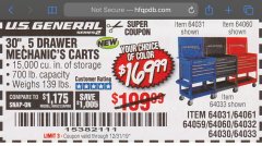 Harbor Freight Coupon 30", 5 DRAWER MECHANIC'S CARTS (ALL COLORS) Lot No. 64031/64030/64032/64033/64061/64060/64059/64721/64722/64720/56429 Expired: 12/31/19 - $169.99
